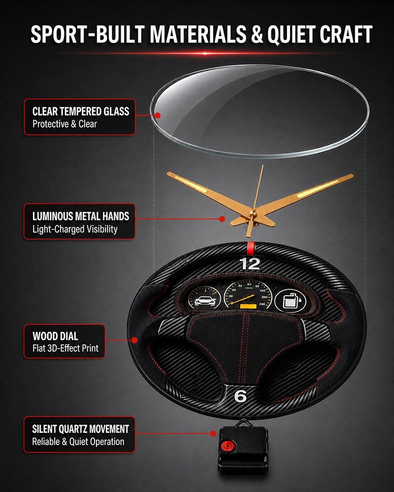 Garage Car Wall Clock - Black Sports Dashboard Style, Luminous Hands, 12 Inch