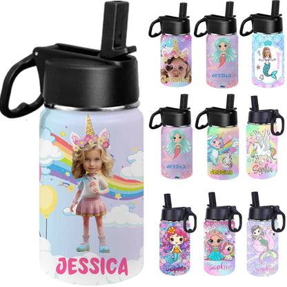 Personalized Kids Water Bottles with Cute Pattern 12oz Custom Gradient Color Water Cup with Kids Name Cute Water Bottle Gift for Girls Daughter Granddaughter Toddler Children School Birthday