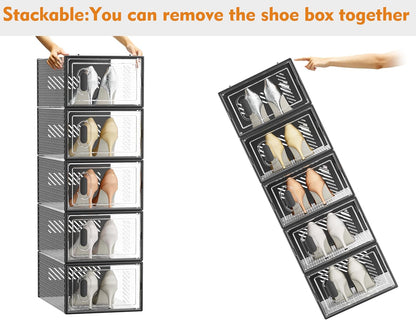 SIMPDIY Shoe Organizer - 12 Pack Clear Plastic Stackable Shoe Storage Containers | Size 10, Black