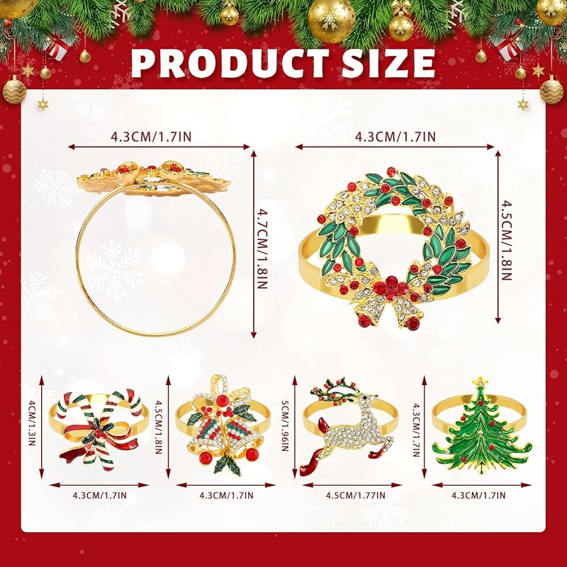 Holiday Napkin Ring Set of 12 - Christmas Table Decor, Crystal Rhinestone Rings, Variation: Holiday Napkin Ring