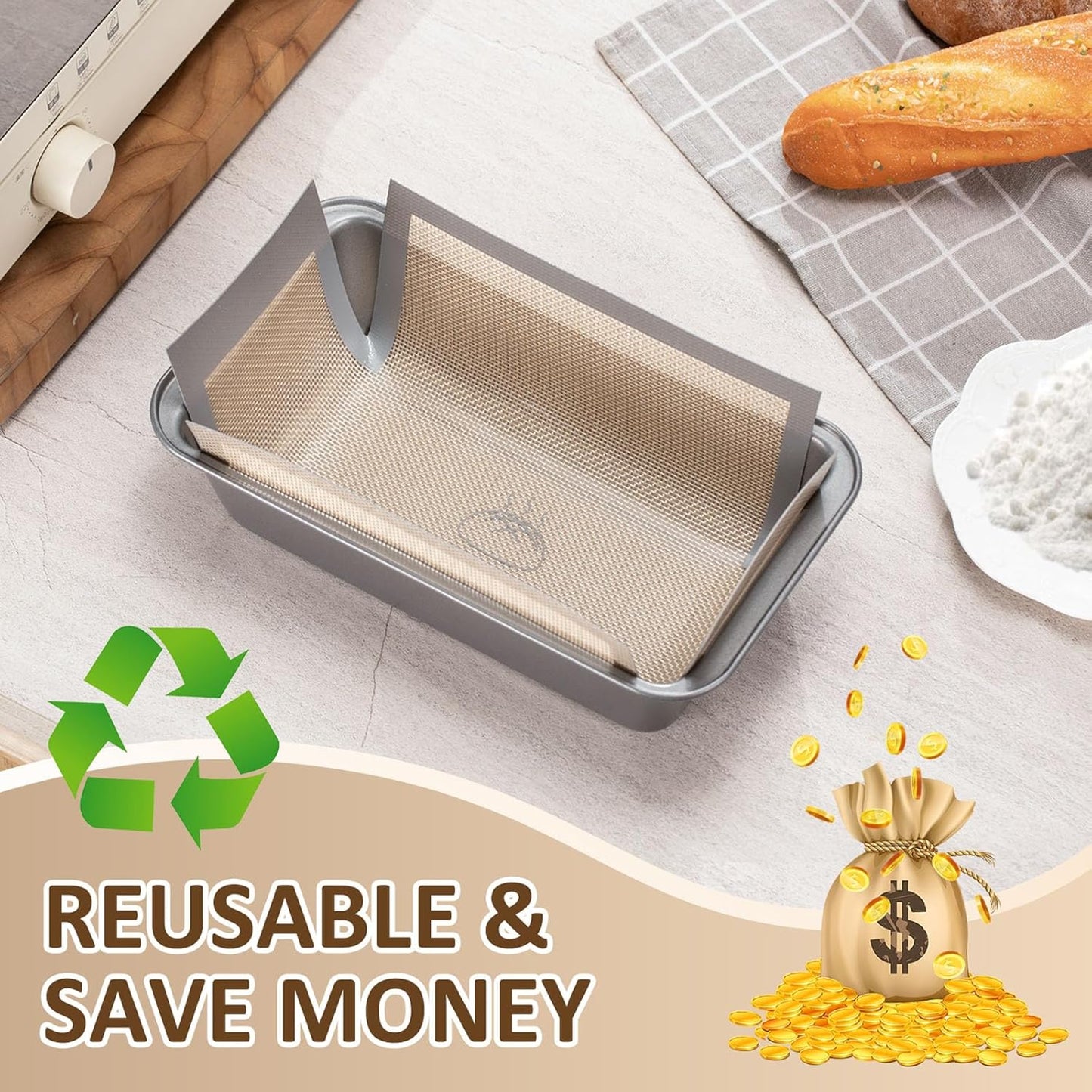 Skiennix Reusable Silicone Bread Loaf Pan Liners - Nonstick Baking Mats for 9.5 x 5 Inch Pans | 2-Pack