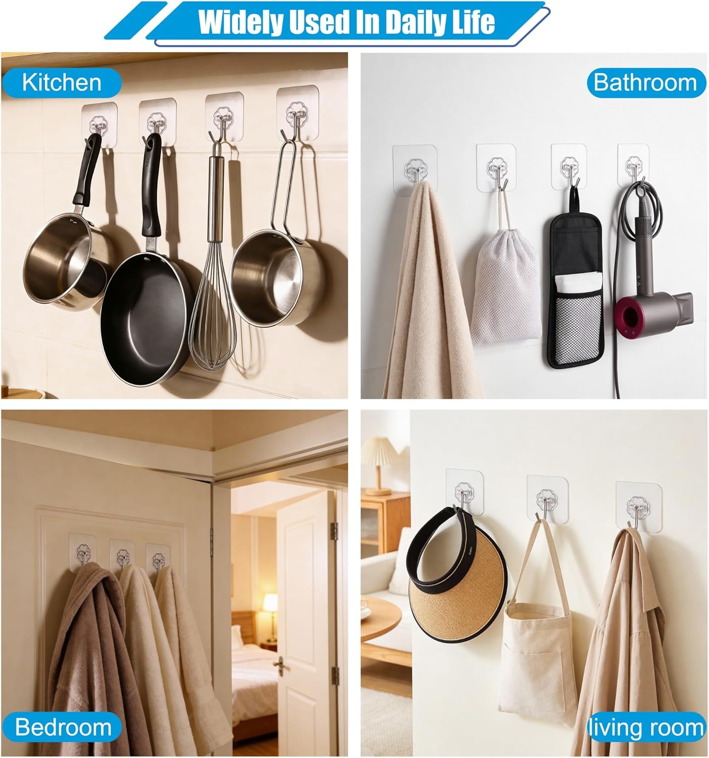 Skiennix Heavy Duty Self-Adhesive Wall Hooks - 33lb Capacity, Waterproof & Oilproof | 10 Pack for Bathroom & Kitchen