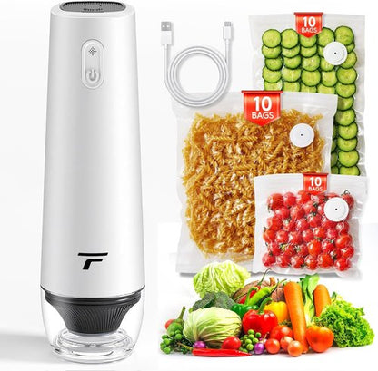 Chef’s Design Vacuum Sealer - Compact Handheld Food Preserver with 30 Reusable Bags | Professional-Grade Pebble