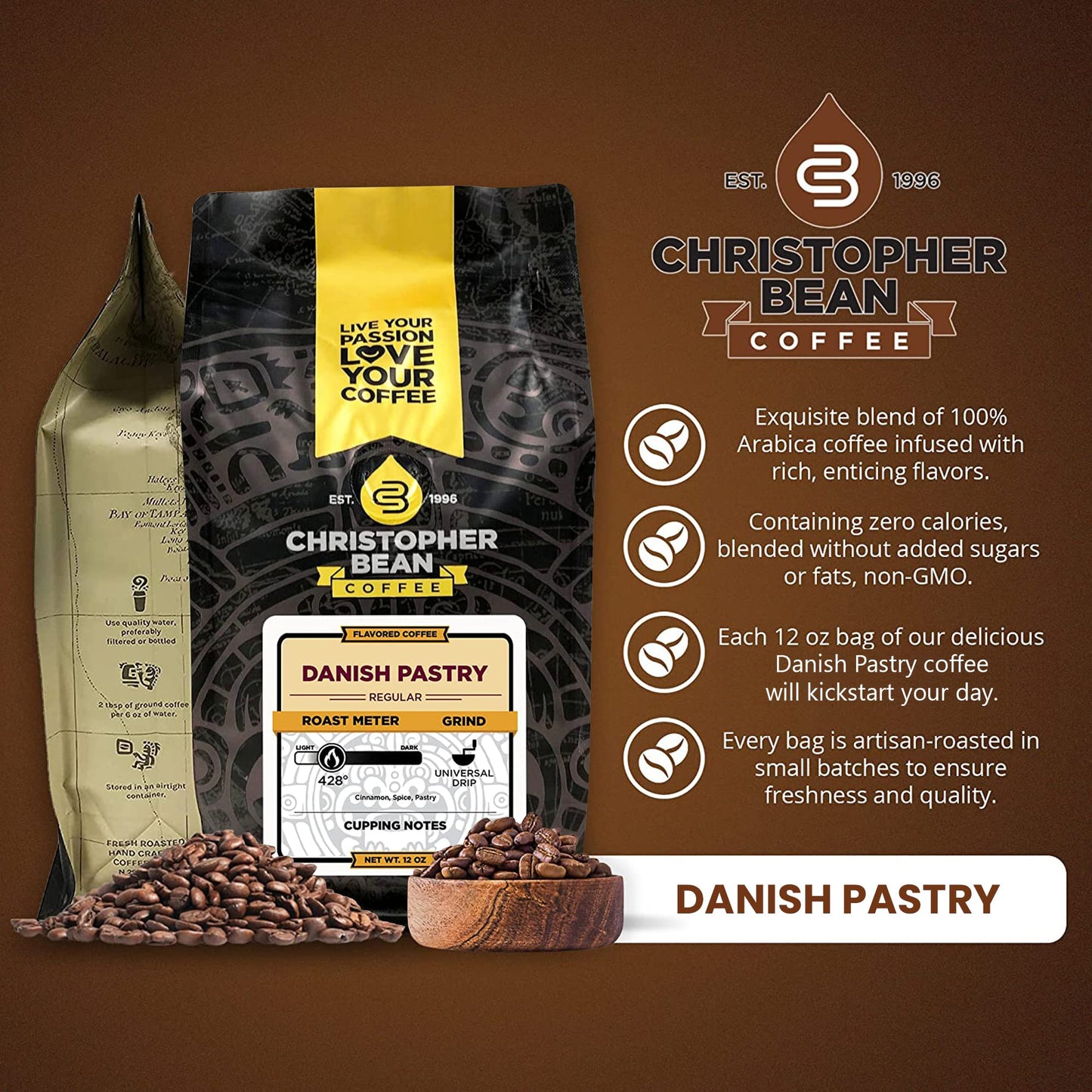 Christopher Bean Coffee - Danish Pastry Flavored Coffee, (Regular Ground) 100% Arabica, No Sugar, No Fats, Made with Non-GMO Flavorings, 12-Ounce Bag of Regular Ground coffee