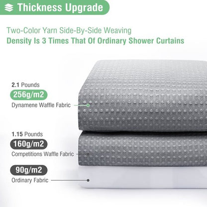 Dynamene Extra Long Fabric Shower Curtain - Waffle Weave 90 Inches Long Heavy Duty Cloth Shower Curtains for Bathroom, 256GSM Tall Hotel Luxury Bath Curtain Set with 12 Plastic Hooks,Grey/Gray