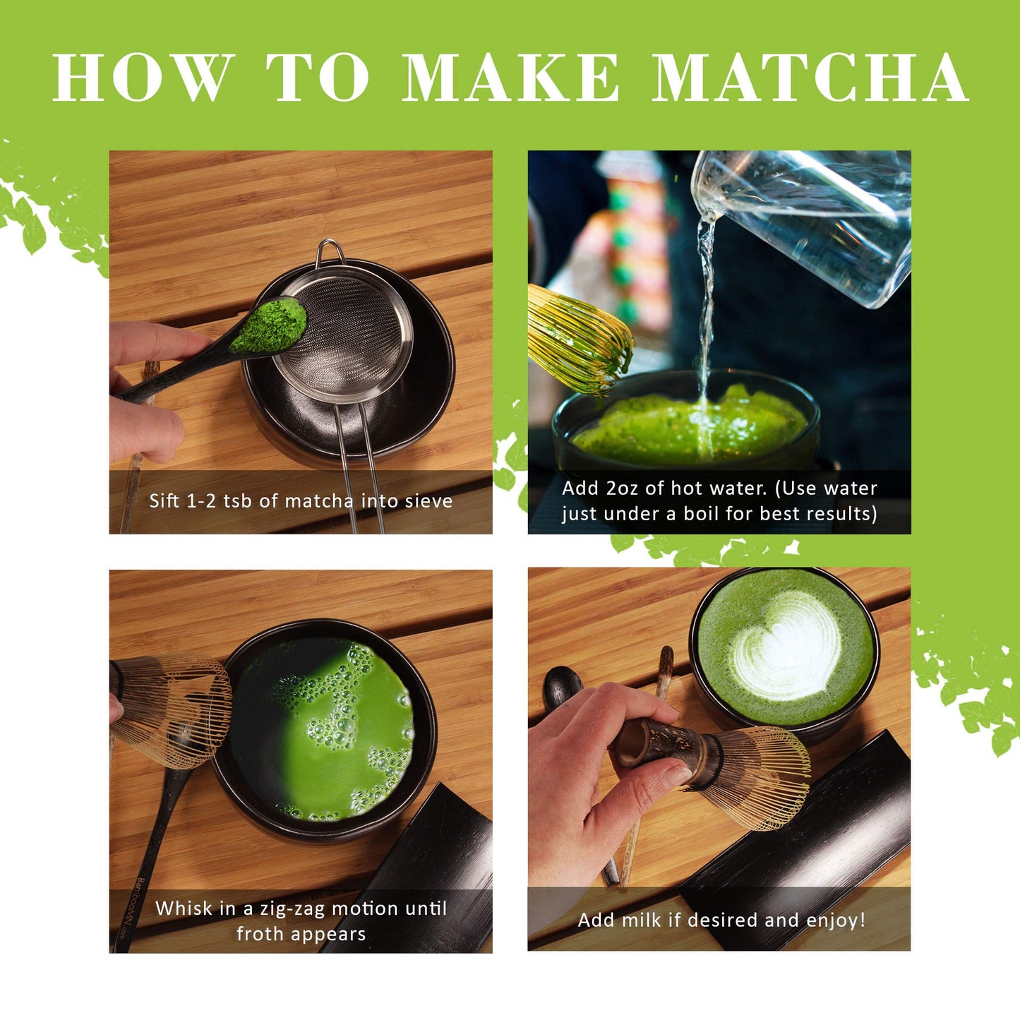 BambooMN Matcha Bowl Set (Includes Bowl, Rest, Tea Whisk, Chasaku & Tea Spoon) 1 Set Black