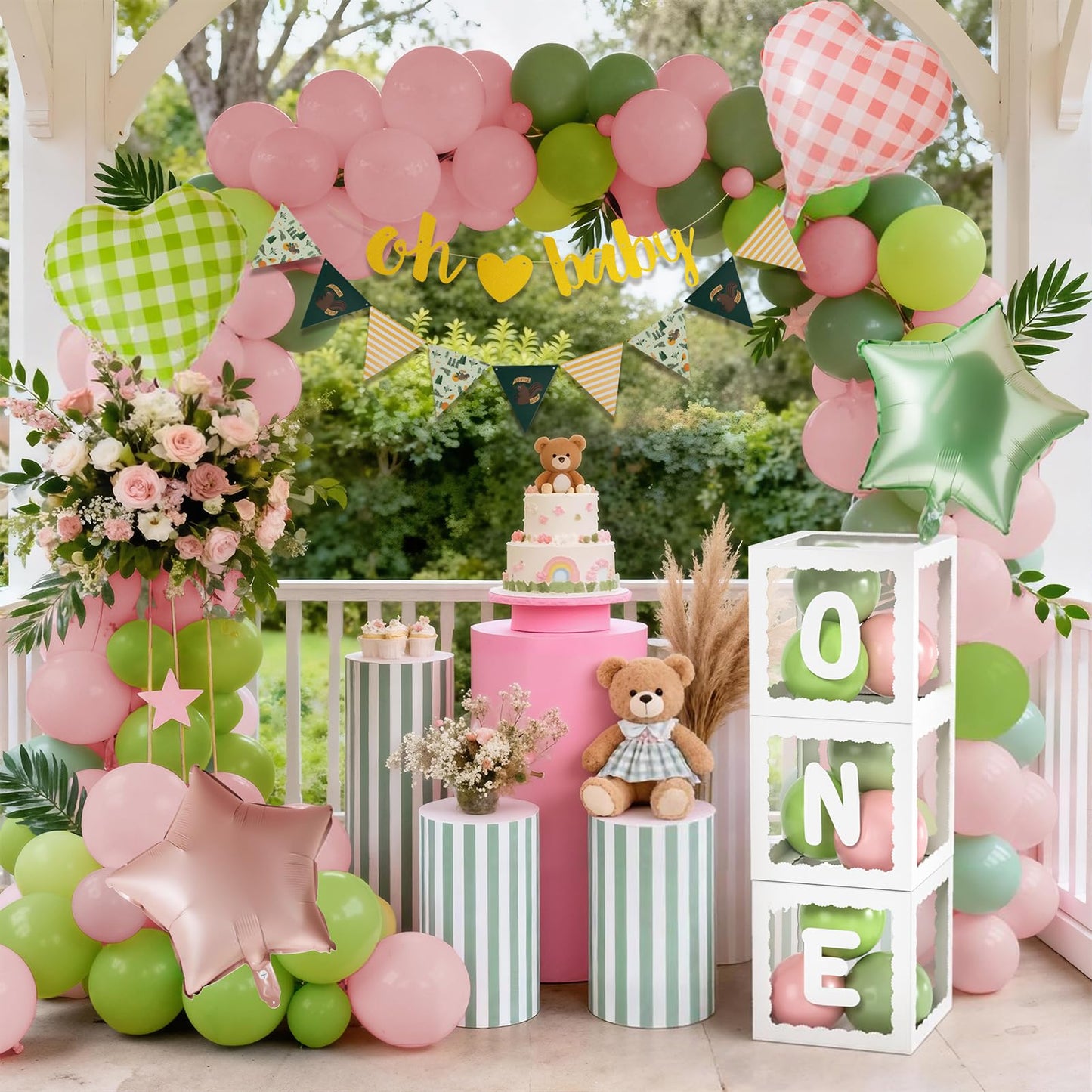 Winrayk Pink Green First 1st Birthday Decorations Girl, ONE Balloon Box Pink Green Balloon Arch Kit Oh Baby Banner Pennant Banner Heart Foil Balloons, One Year Old First Birthday Decorations for Girls