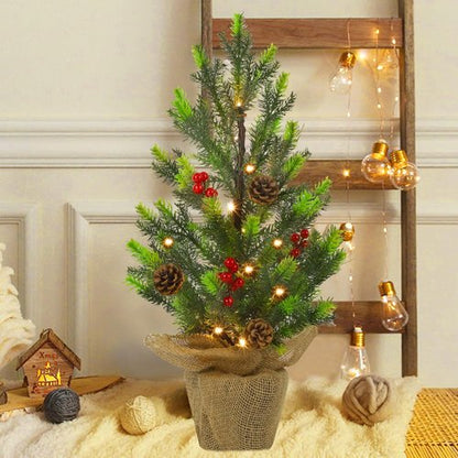 Juegoal 24-Inch Pre-Lit Christmas Pine Tree - Warm White Fairy Lights | Small Tabletop Decor with Burlap Base