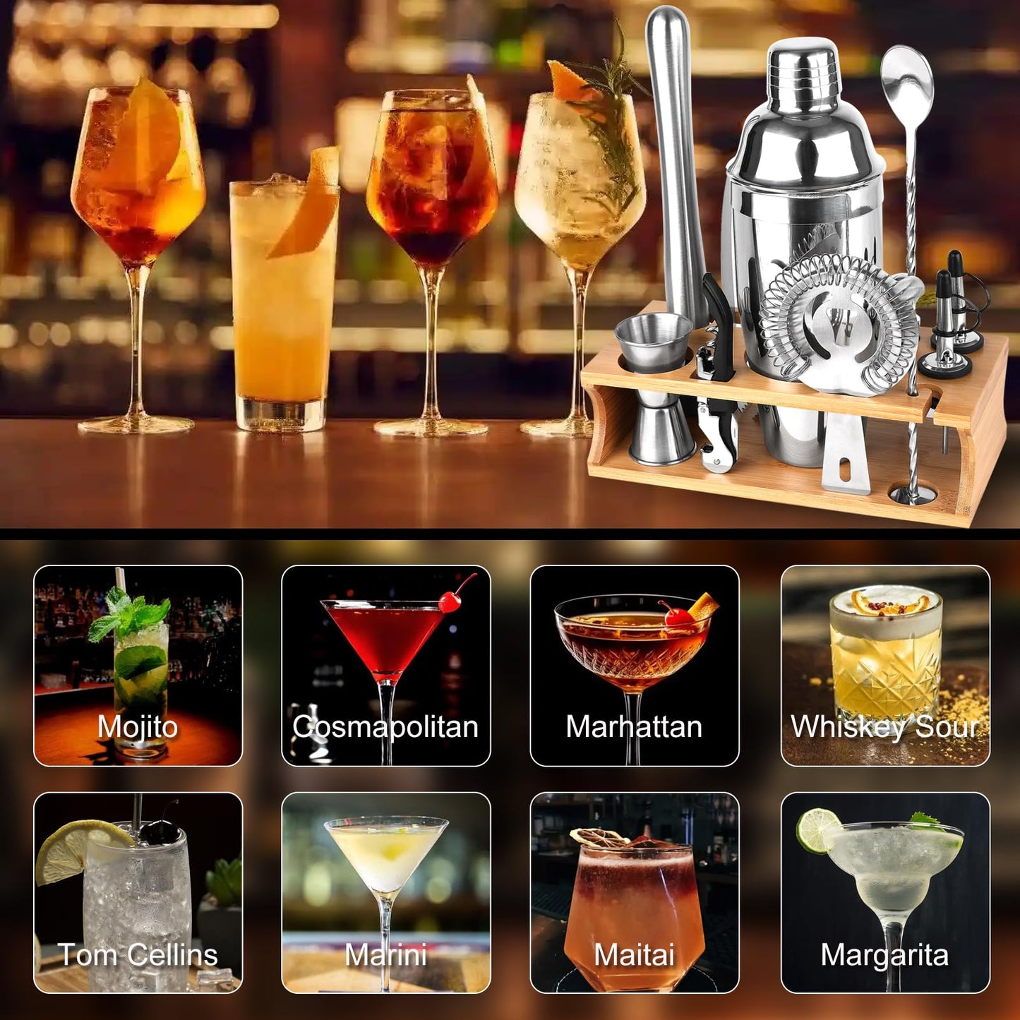 ZPUFAW Cocktail Shaker Set Bartender Kit with Stand 11-Piece Bar Tool Set Housewarming Gift Including 24oz Cocktail Shaker Martini Shaker Muddler Strainer Mixing Spoon Jigger Bar Accessories