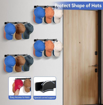 KIMBORA Hat Rack Organizer - Holds 36 Baseball Caps | 4 Packs with 3 Mounting Options - Black