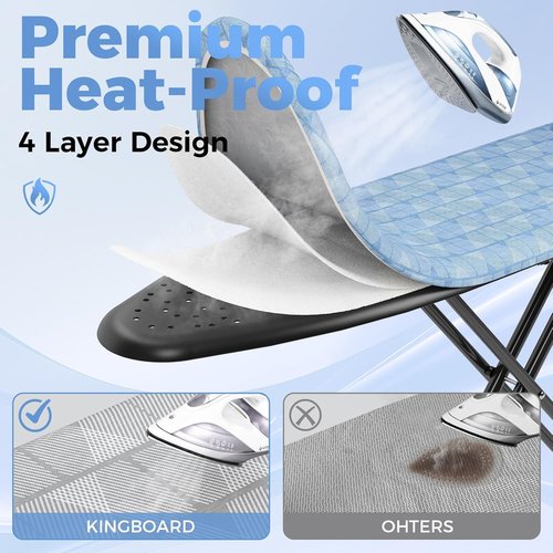 KINGBOARD Compact Ironing Board - Heat Resistant Cover, 7 Height Adjustable, Foldable | 13x43 Blue