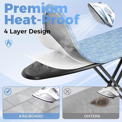 KINGBOARD Compact Ironing Board - Heat Resistant Cover, 7 Height Adjustable, Foldable | 13x43 Blue