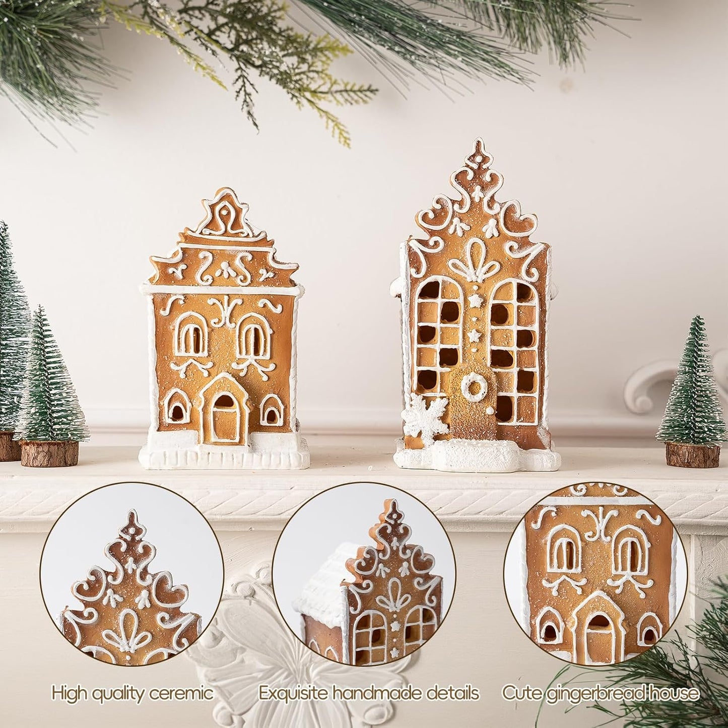 Skiennix Christmas Gingerbread Village House Figurines - Pre-Lit LED Table Decorations | 2-Piece Set