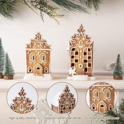 Skiennix Christmas Gingerbread Village House Figurines - Pre-Lit LED Table Decorations | 2-Piece Set