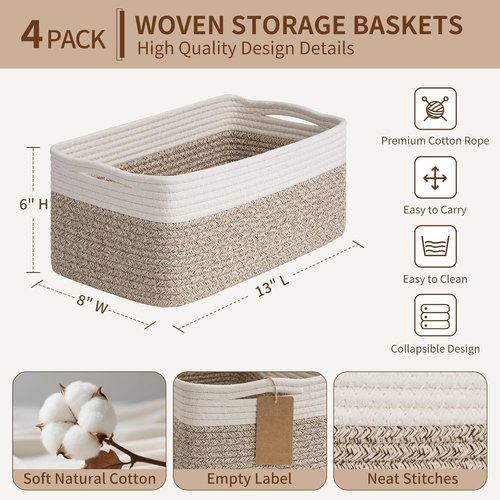 Goodpick Storage Baskets - 4 Pack Rectangle Woven Bins for Organizing Baby Toys | 13''L x 8''W x 6''H, Brown & White