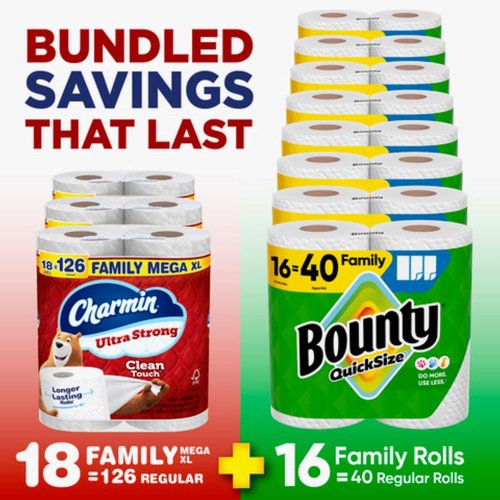 Bounty Quick-Size Paper Towels - Ultra Absorbent White Rolls | 16 Family Rolls  
Charmin Ultra Strong Clean Touch Toilet Paper - Soft & Durable | 18 Mega XL Rolls