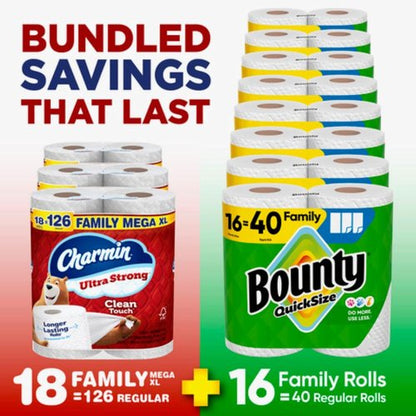 Bounty Quick-Size Paper Towels - Ultra Absorbent White Rolls | 16 Family Rolls  
Charmin Ultra Strong Clean Touch Toilet Paper - Soft & Durable | 18 Mega XL Rolls