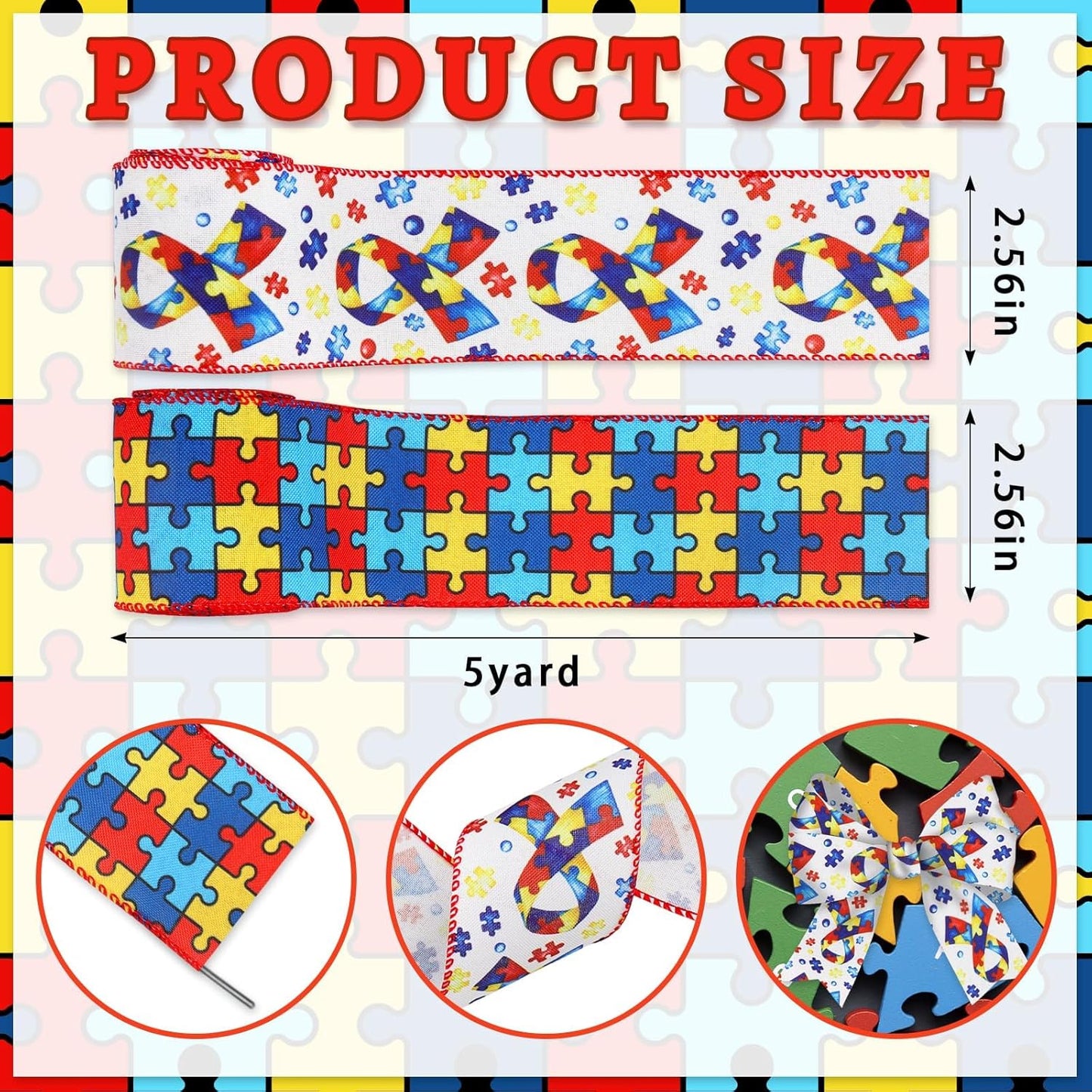 Skiennix Autism Awareness Wired Ribbon - 2 Rolls, 10 Yards, 2.5 Inch Puzzle Piece Design for Crafts & Decorations
