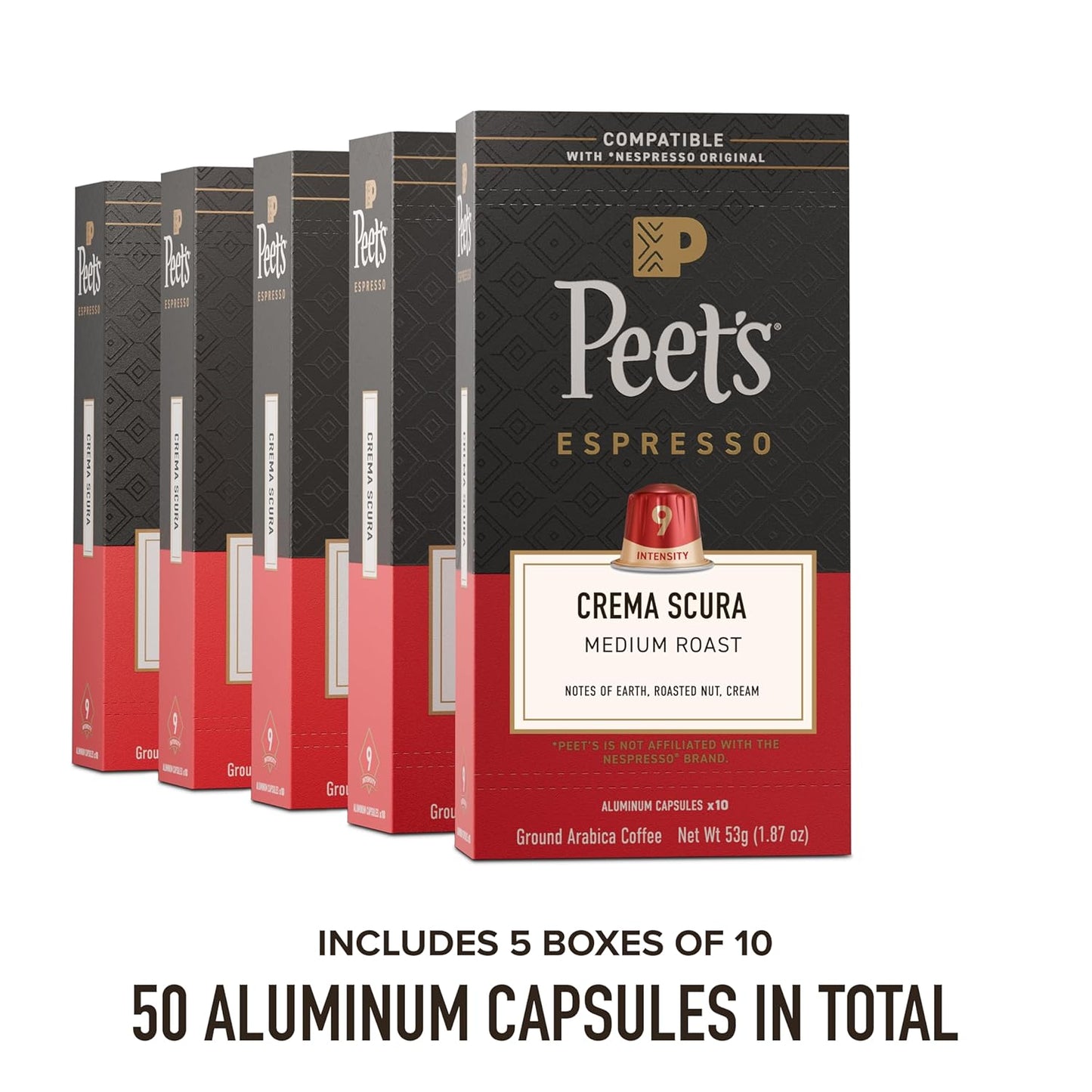 Peet's Coffee Medium Roast Espresso Capsules - 100% Arabica, Intensity 9, 50 Count (5 Boxes of 10)
