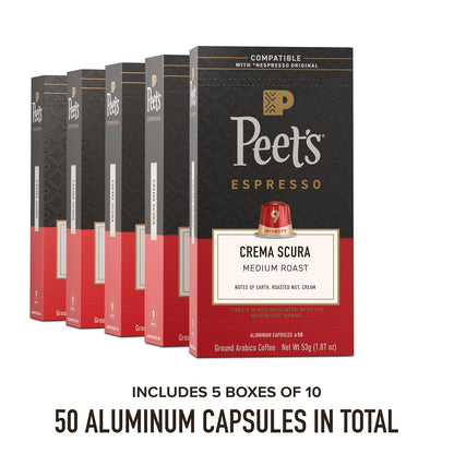 Peet's Coffee Medium Roast Espresso Capsules - 100% Arabica, Intensity 9, 50 Count (5 Boxes of 10)