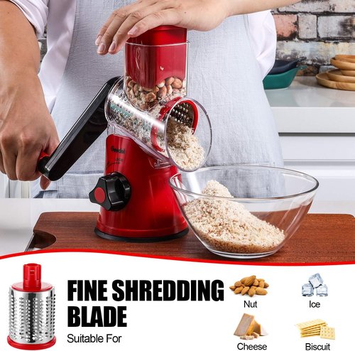 Geedel Rotary Cheese Grater - Versatile Kitchen Mandoline Slicer with 3 Blades | Easy to Clean for Fruits & Vegetables
