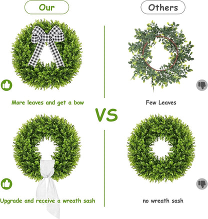 Vlorart 20" Faux Boxwood Wreath - Large Artificial Greenery with Plaid Bow for Door & Wedding Decor