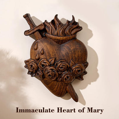 Wooden Three Sacred Hearts Wall Decor - Holy Family Beech Wood 4 Inch, Handmade