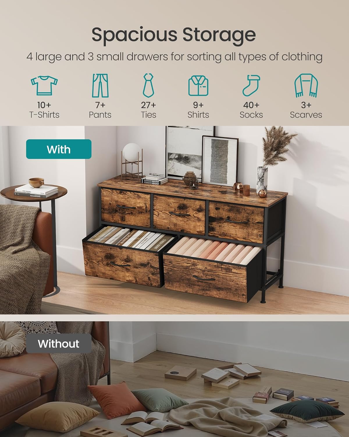 SONGMICS Dresser - 5-Drawer Storage Organizer Unit in Rustic Brown & Ink Black | Steel & MDF Construction