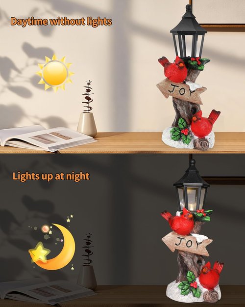 iStatue Lighted Cardinal Christmas Ornaments - 10” Resin Red Birds Lamp Post Figurine with Candle Lantern | Unique Indoor Holiday Decor Gift