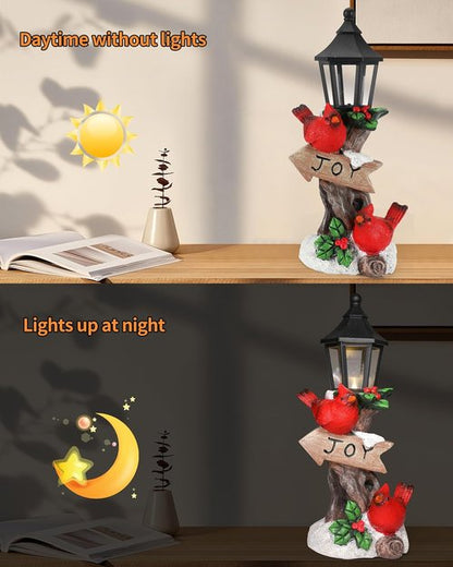iStatue Lighted Cardinal Christmas Ornaments - 10” Resin Red Birds Lamp Post Figurine with Candle Lantern | Unique Indoor Holiday Decor Gift
