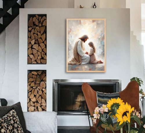Jesus Wall Art - Christian Spiritual Painting of Jesus Praying with Child | Unframed Religious Decor for Home