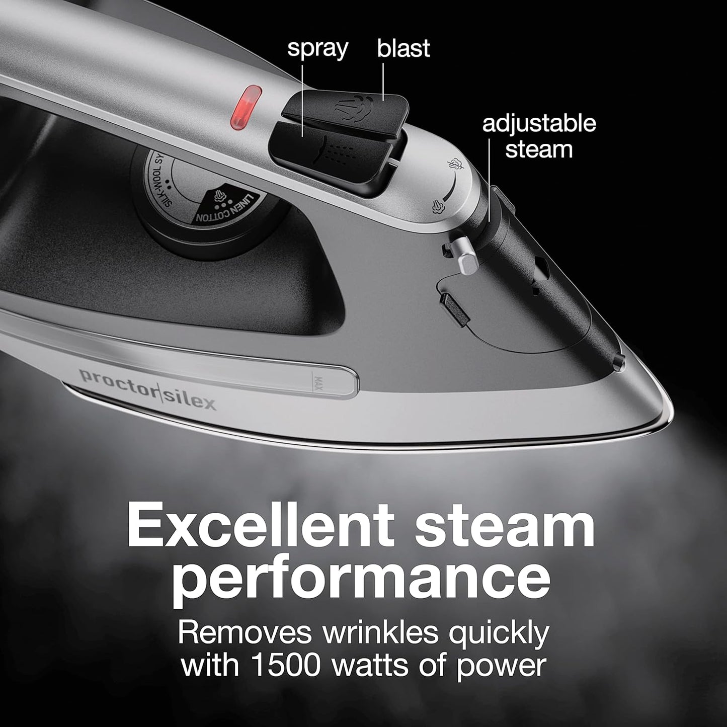 Proctor Silex Steam Iron - 1500 Watts with Stainless Steel Soleplate & 8’ Retractable Cord | Gray & Black