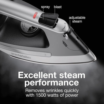 Proctor Silex Steam Iron - 1500 Watts with Stainless Steel Soleplate & 8’ Retractable Cord | Gray & Black