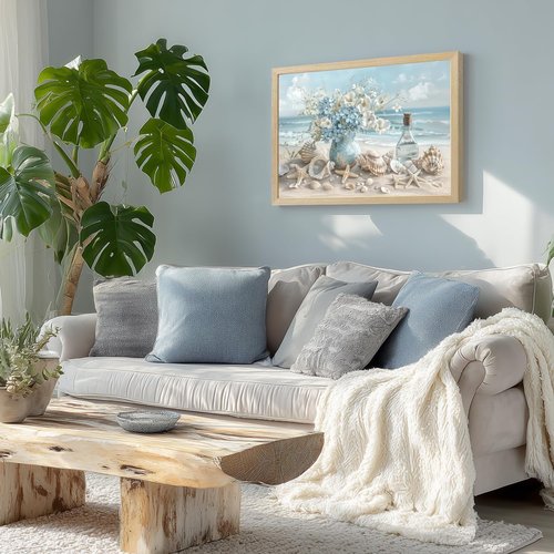 LLEEMPI Coastal Beach Wall Art - Seashell & Starfish Canvas Print | 12x16 Inch Framed Ocean Decor