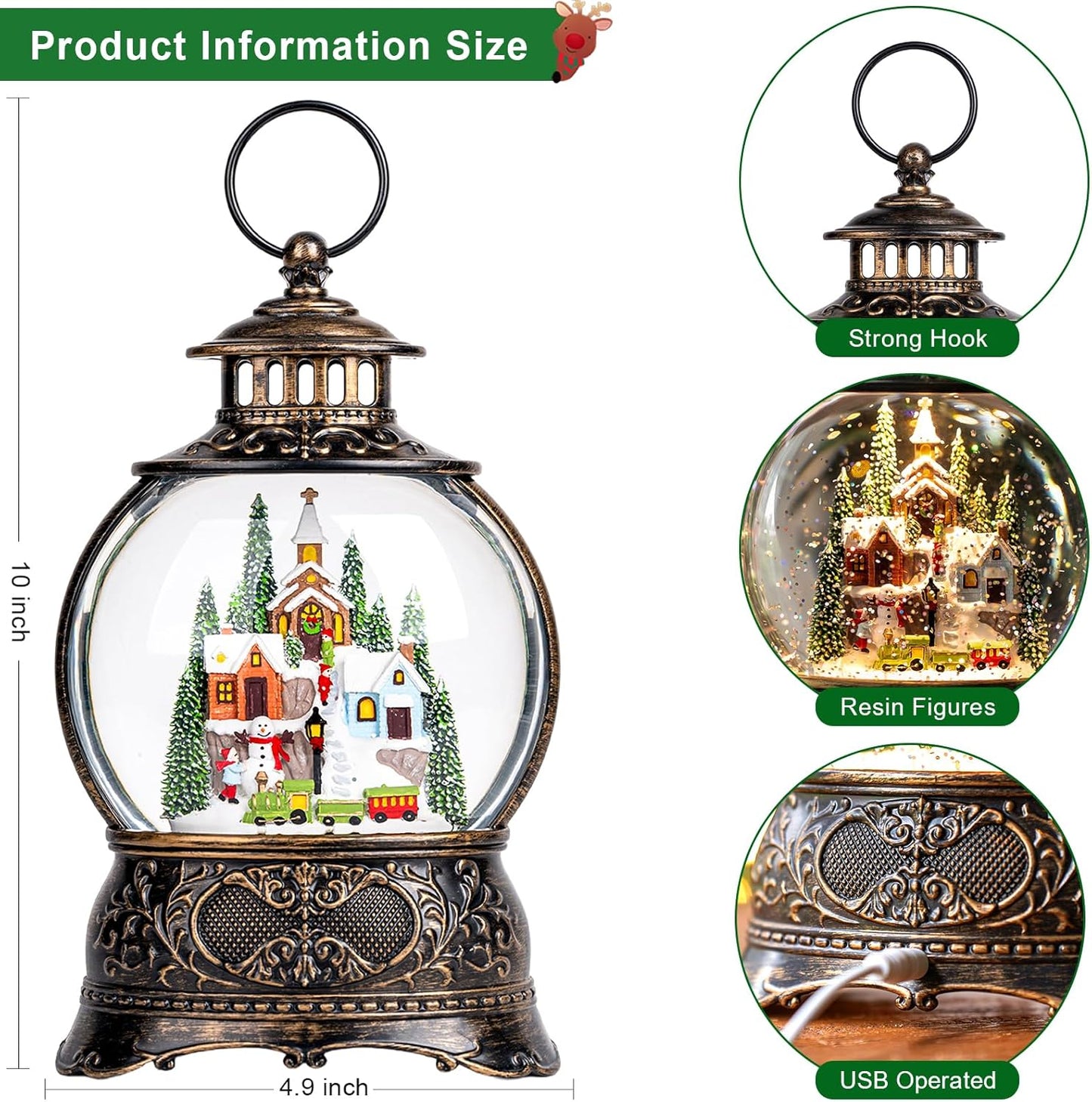 Regine Switzerland Christmas Snow Globe - Musical Water Lantern with Timer & USB/Battery Operation for Festive Decor