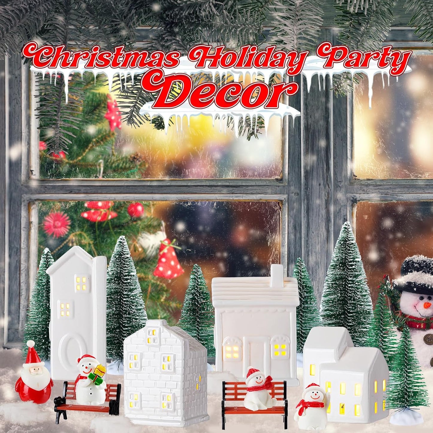 Soaoo 29-Piece Ceramic Christmas Village Set - 8 LED Houses, 12 Trees, 4 Snowmen & Benches | Festive Tabletop Decor