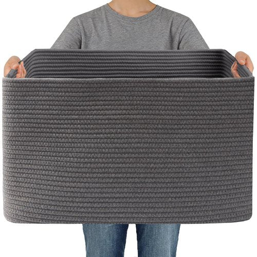 JMvicyroam Woven Blanket Basket,65L Large Storage Bin for Blankets Toys Clothes,Decorative Rope Basket for Living Room Bedroom with Handles, Grey