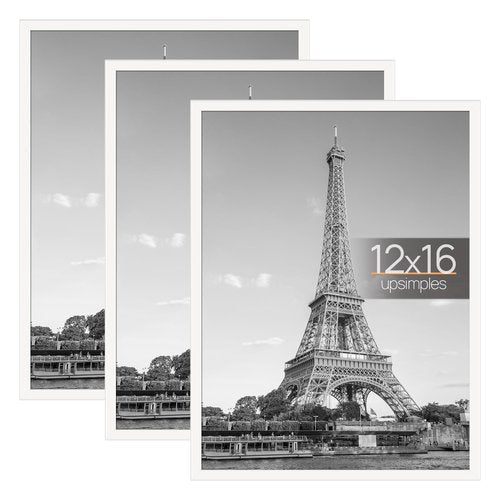 upsimples 12x16 Picture Frame White 3 Pack, Scratch-Proof Poster Frames 12 x 16 for Photo Gallery - Slide-In Strips, Horizontal or Vertical Wall Mounting