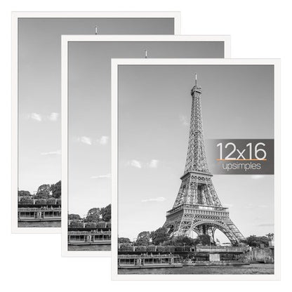 upsimples 12x16 Picture Frame White 3 Pack, Scratch-Proof Poster Frames 12 x 16 for Photo Gallery - Slide-In Strips, Horizontal or Vertical Wall Mounting