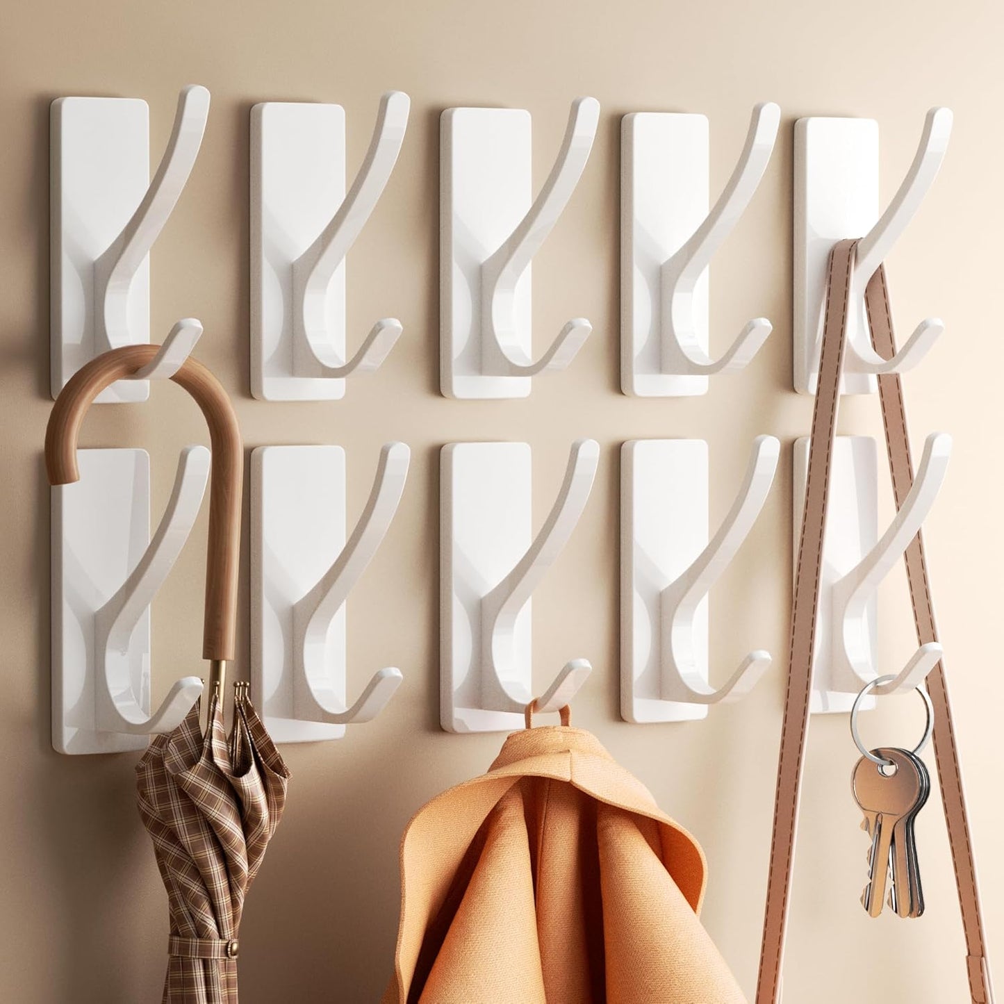 Pickpiff White Self-Adhesive Coat Hooks - 13LB Extra Strong Stainless Steel Wall Hooks | 10 Pack for Bathroom, Kitchen, and More