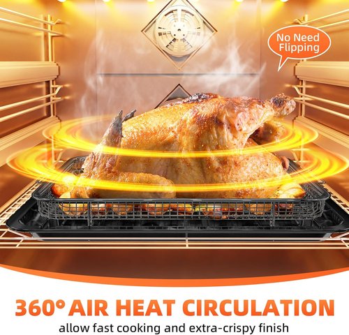 DEGOVIN Air Fryer Pans - Non-Stick Stainless Steel Crisper Tray with Cooking Guide & 30 Parchment Papers | 15.8" x 11" - Black