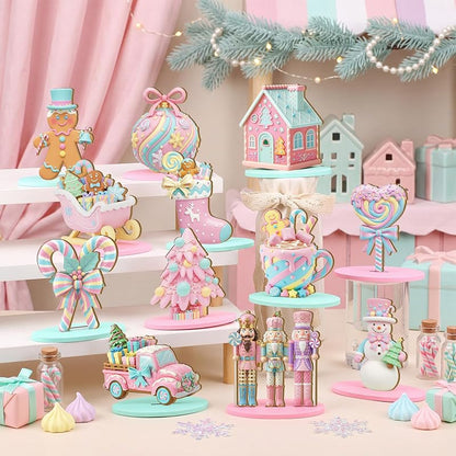 Candy Themed Christmas Table Decor Set, 12 Wooden Centerpieces – Pink Pastel Nutcracker, Snowman, Truck & Gingerbread (Variation: Candy)
