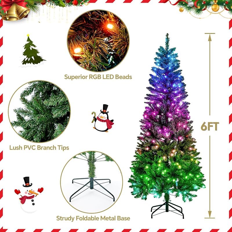 FANCILLUMA 6 ft Prelit Christmas Tree with 250 LED RGB Lights, App Remote Control, Green PVC Branches