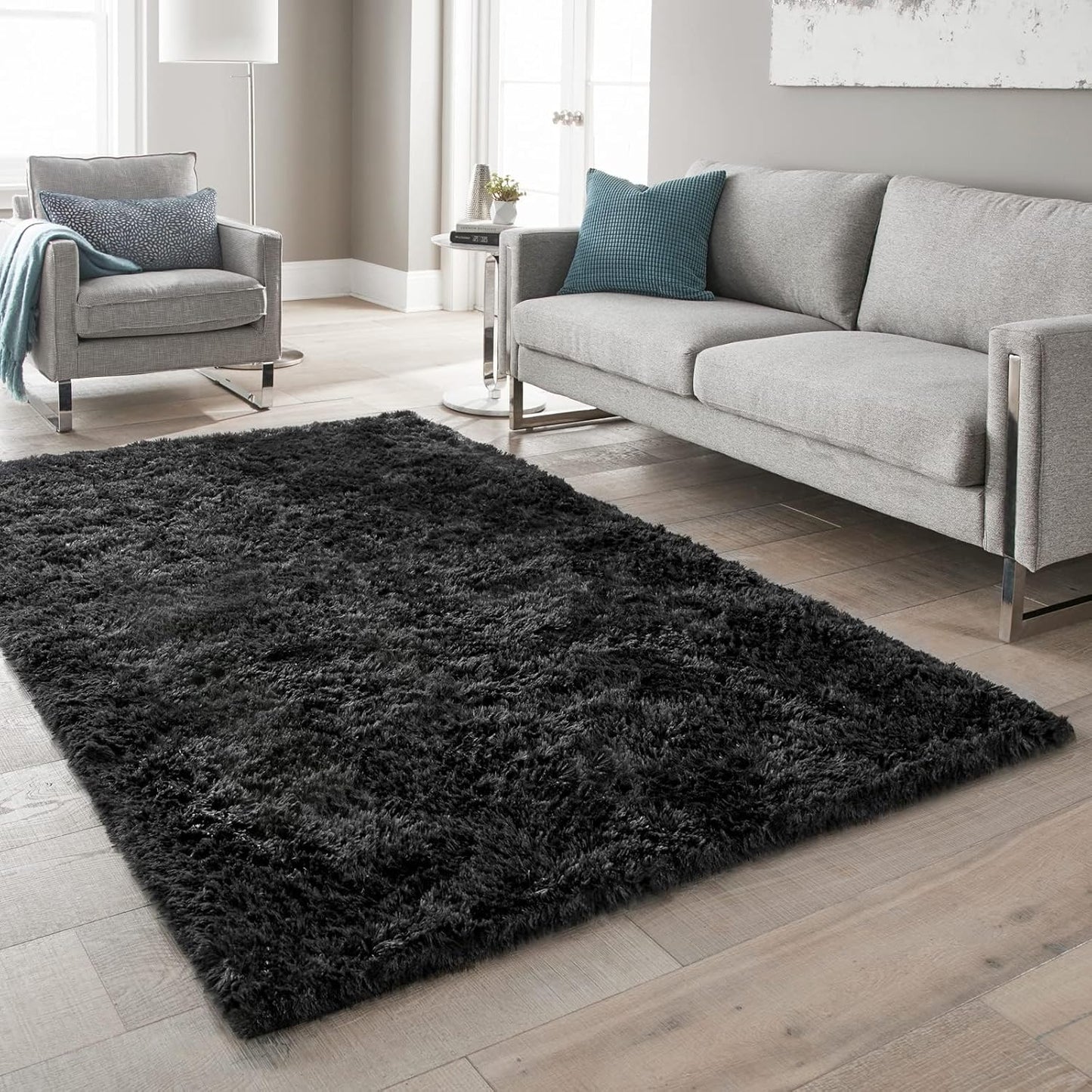 Ophanie Black Area Rug - Fluffy Shaggy Furry Carpet for Living Room | Soft 5x8 Size, Kids Decor