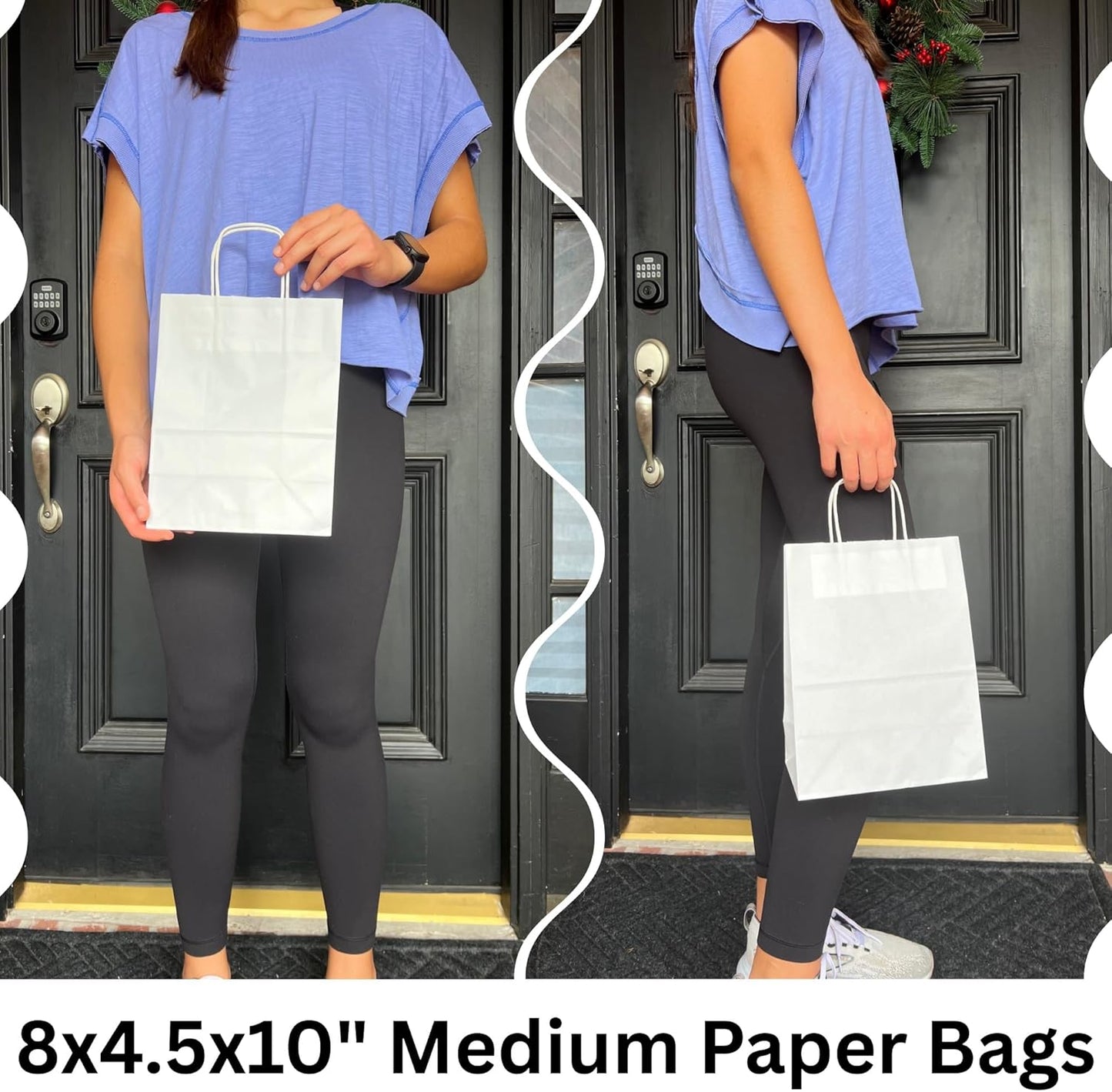 Qutuus White Paper Gift Bags with Handles Bulk 25 pcs 8x4.5x10 Medium White Paper Bags for Gifts, Valentines, Shopping, Retail
