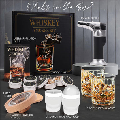 Whiskey Smoker Kit with Torch, Cocktail Smoker Kit, Smoked Old Fashioned Set, Bourbon Whiskey Gifts for Men with Glasses, No Butane Included