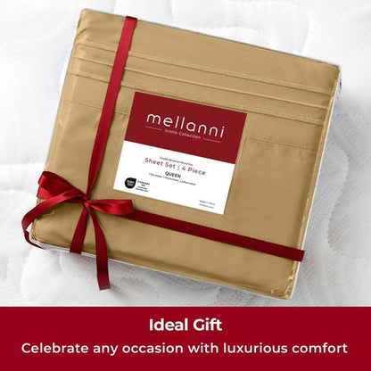 Mellanni Split King Sheets Set - 5 PC Iconic Collection Bedding - Hotel Luxury, Extra Soft, Cooling Bed Sheets - Wrinkle, Fade, Stain Resistant (Split King, Gold)