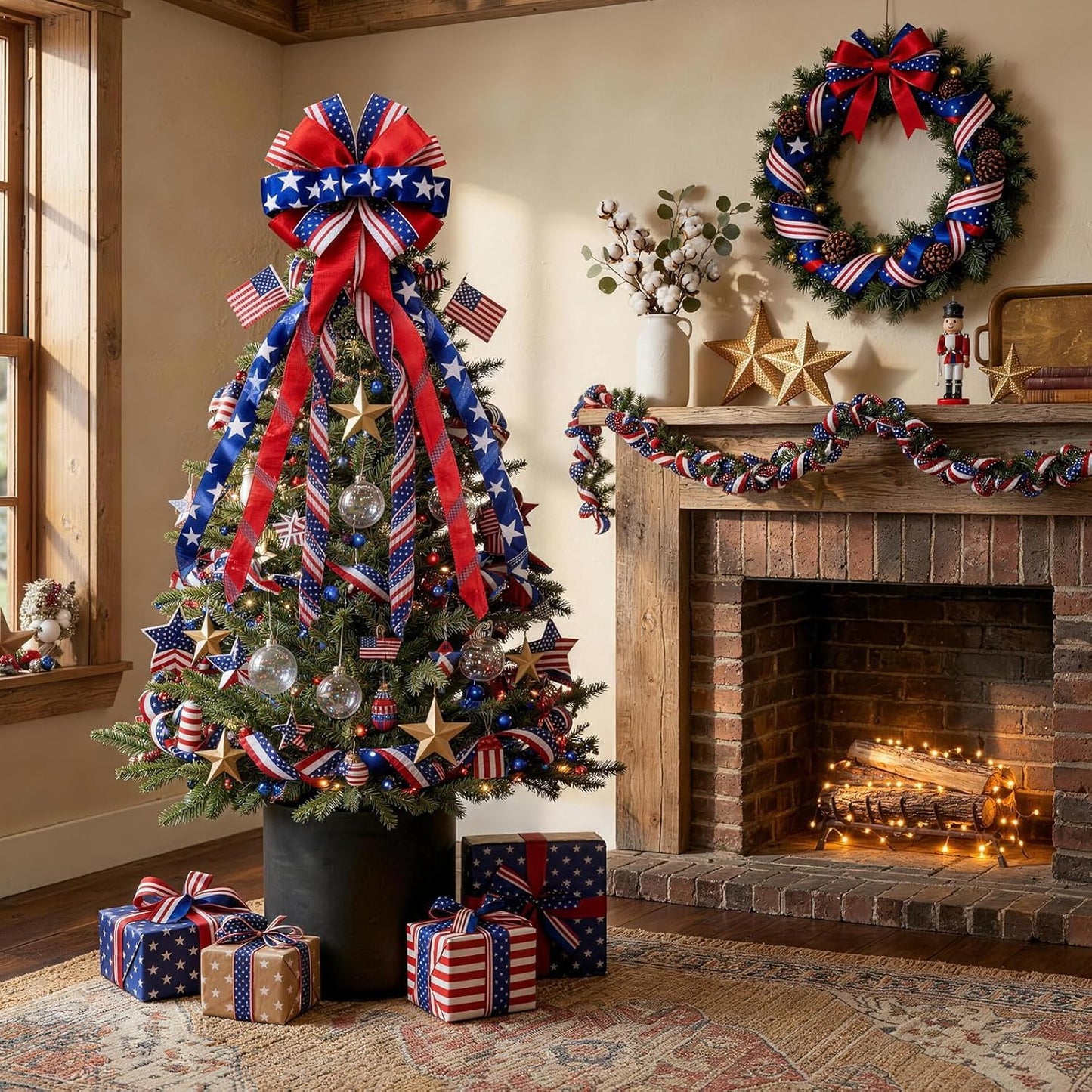 Skiennix Large 4th of July Tree Topper Bow - Pre-Tied Patriotic Ribbon for Wreaths | 52x13 Inch Red, Blue, White