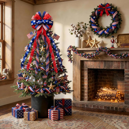 Skiennix Large 4th of July Tree Topper Bow - Pre-Tied Patriotic Ribbon for Wreaths | 52x13 Inch Red, Blue, White