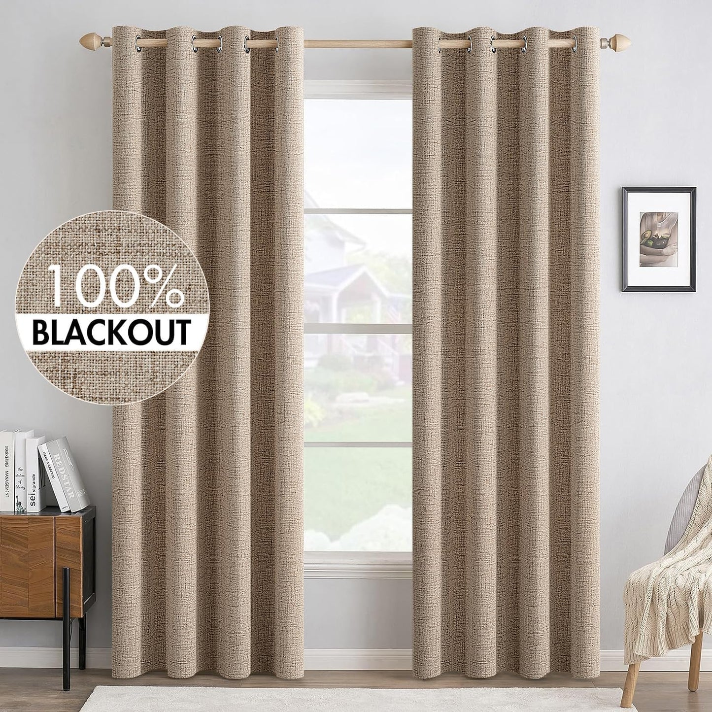 MIULEE 100% Blackout Linen Textured Curtains - Thermal Insulated Copper Brown Drapes | 52 x 72 Inch (2 Panels)